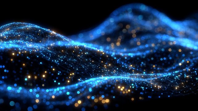 Abstract digital landscape with glowing particles simulating data network waves
