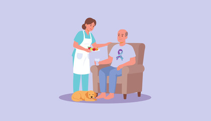 Home healthcare support nurse gives fruit and water to senior patient sitting with a dog