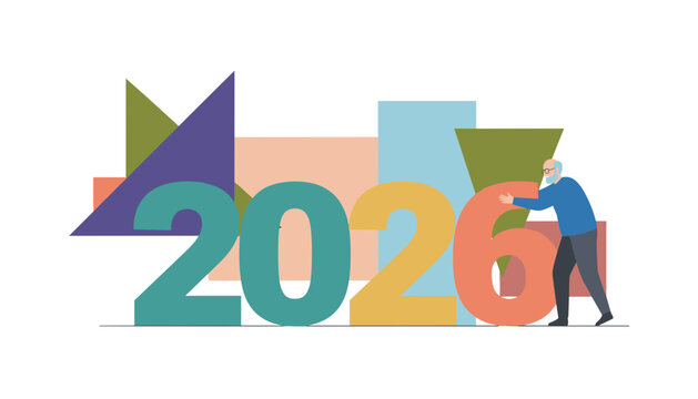 Elderly man pushing colorful 2026 numerals New Year future and transition concept