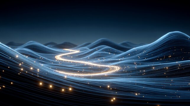 Abstract digital landscape with glowing waves and path representing technology trends