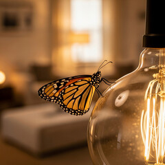 Close-up of a delicate butterfly gently perched on the top of a glowing light bulb, cozy room in the background, soft golden tones