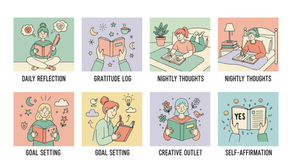 Selfcare journaling routine set reflection gratitude goals and creative outlets for mental health