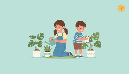 Happy children watering and caring for potted houseplants at home