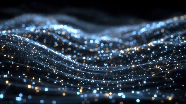Abstract digital wave with blue and gold particles on a dark background