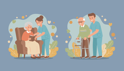 Professional nursing staff assists seniors with mobility and activity support