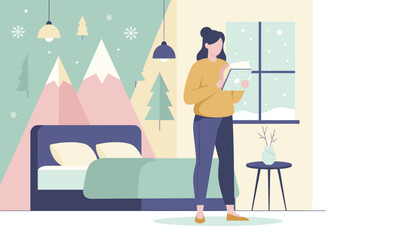 Cozy winter lifestyle Woman uses a glowing tablet in a modern bedroom with snowy window view