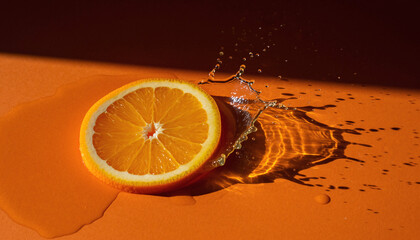 Juicy orange slice splashing water on an orange surface