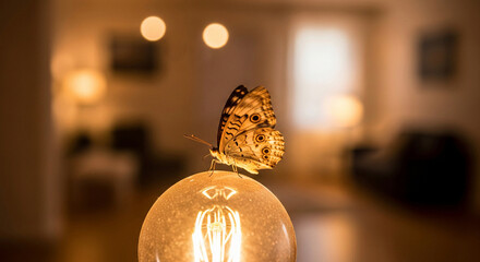 Close-up of a delicate butterfly gently perched on the top of a glowing light bulb, cozy room in the background, soft golden tones
