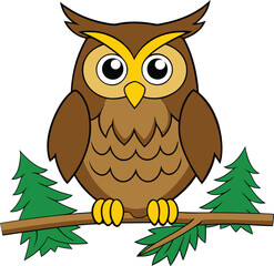 Illustration of cartoon owl sitting on branch between fir trees