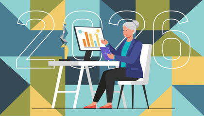 Senior businesswoman analyzing data on a computer for 2026 forecast and strategic planning