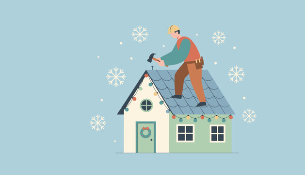 Worker fixing a house roof during winter snowfall decorating for Christmas holidays