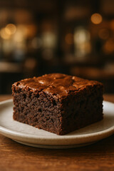 Chocolate Brownie on Plate in Cozy Caf&eacute;