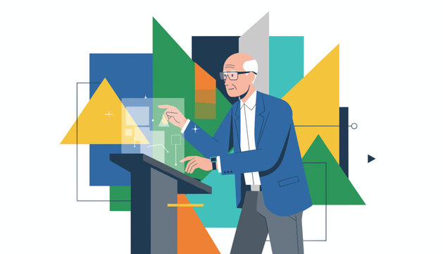 Senior speaker at a podium using a futuristic touch screen interface Modern business tech - Powered by Adobe