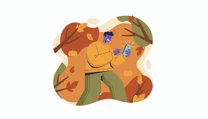 Frustrated man uses smartphone with a bad signal outdoors in the autumn season Digital stress concept