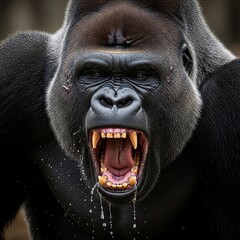 Detailed close-up portrait of a dominant silverback gorilla roaring in rage