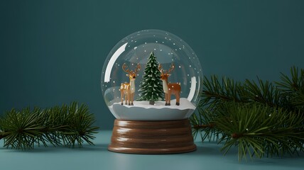Festive Christmas snow globe with two white reindeer, tree, and falling snow on a teal background. Ideal for holiday greetings, winter celebrations, & seasonal design.