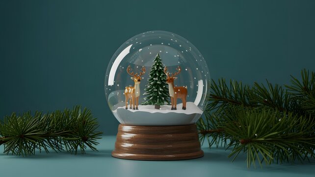 Festive Christmas snow globe with two white reindeer, tree, and falling snow on a teal background. Ideal for holiday greetings, winter celebrations, & seasonal design.