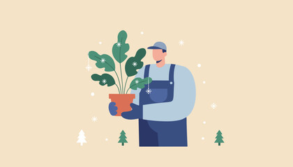 Man in overalls caring for a potted houseplant in winter Flat design vector illustration