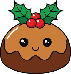 Cute Christmas pudding cartoon illustration with holly berries and leaves