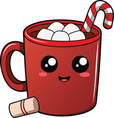 Cute Kawaii Hot Chocolate Mug with Marshmallows and Candy Cane