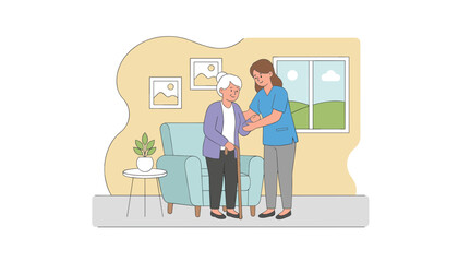 Professional caregiver helping an elderly woman stand up at home Senior care assistance and support concept