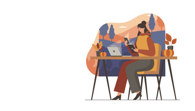 Professional woman using digital devices for remote work amidst a cozy autumn landscape