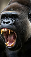 Close-up of an angry male gorilla roaring fiercely, mouth wide open showing sharp teeth, intense expression