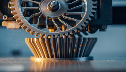 Close-up View of a 3D Printer Creating a Metal Gear