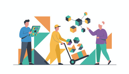 Technology logistics and data flow concept Delivery worker moving goods with people managing the network