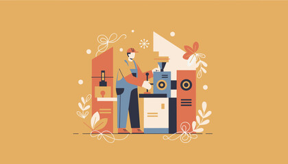 Industrial worker operating machinery Production craft and manufacturing process vector illustration