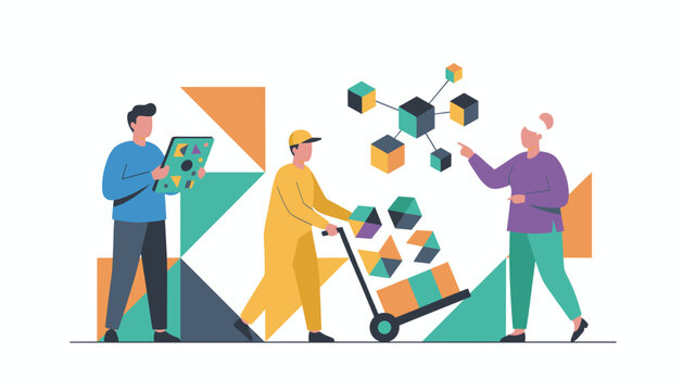 Technology logistics and data flow concept Delivery worker moving goods with people managing the network