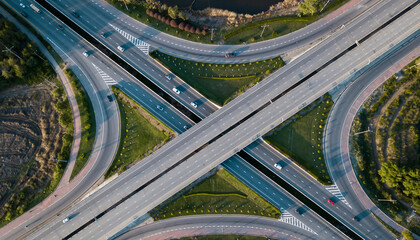 Aerial view of a complex highway interchange with multiple lanes and vehicles.