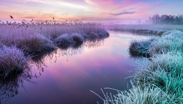 Purple sunrise over misty river, frosted reeds and vibrant sky