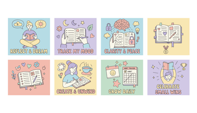 Doodle icons for selfcare journaling mental health mood tracking habits and reflection
