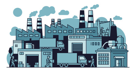 Obraz premium Industrial factory complex with warehouses trucks and workers Supply chain production and commerce concept