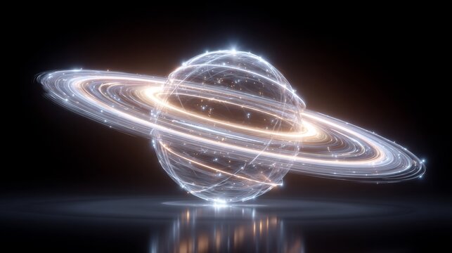 Abstract representation of a planet with glowing rings orbiting it in a dark space