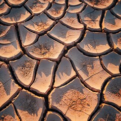Cracked dry earth pattern under warm golden light from sunset