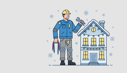 Repairman fixing house wiring and setting up winter decorations Electrical service illustration