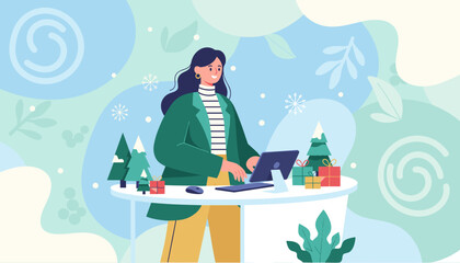 Freelancer working remotely during winter holidays with festive decor