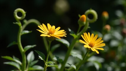 Close up of vibrant yellow daisy-like flowers blooming in sunlight
