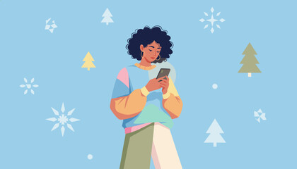 Woman checks smartphone with winter background Seasonal digital communication and connection