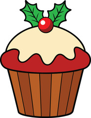 Festive Christmas cupcake with holly berry illustration for celebration