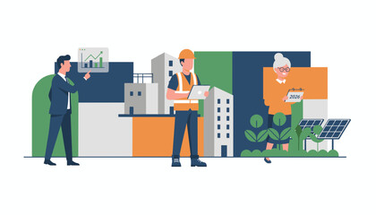 Smart city planning Engineer executive and resident collaborating on sustainable urban development