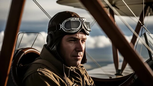 Closeup of pilot in biplane cockpit with nostalgic cinematic tones