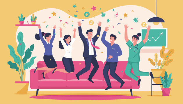 Diverse team of professionals jumps in celebration of business success and achievement with confetti - Powered by Adobe