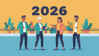 Diverse team planning success for 2026 Business goals future strategy and positive outlook illustration