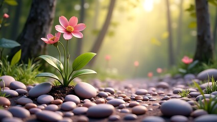Pink flowers and smooth pebbles on a sun-dappled forest path.