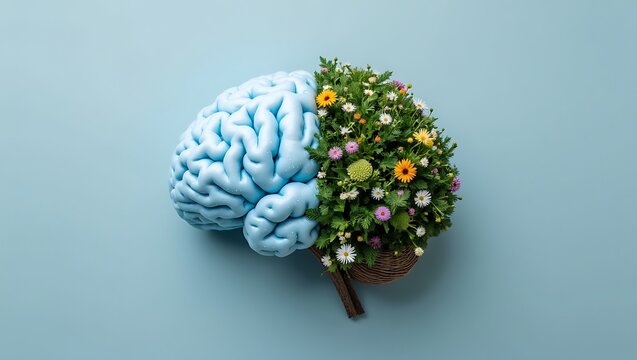 Mind and nature concept with human brain and lush colorful flowers - Powered by Adobe