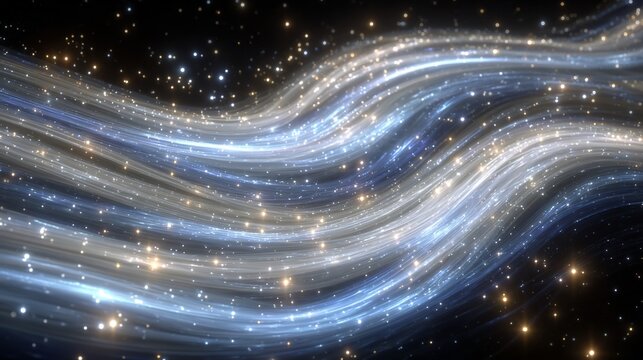 Abstract wavy light streaks with sparkling stars on a black background design concept