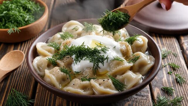 Pelmeni con crema agria, flat lay, apetitoso sobre mesa de madera
